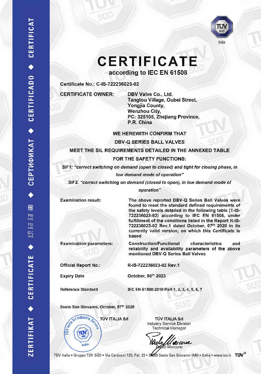 Ball valve SIL 3 certificates
