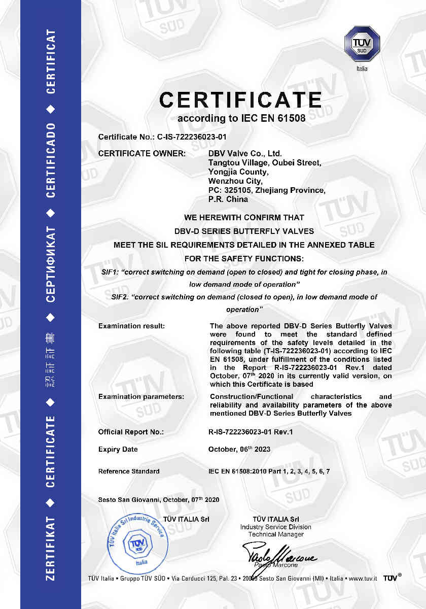 Butterfly valve SIL 3 certificate